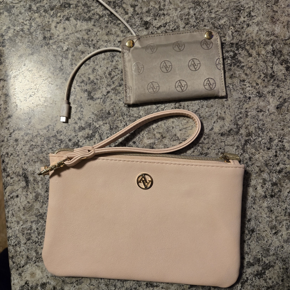 Adrienne Vittadini Neutral Pink Wristlet Clutch with Logo Accent